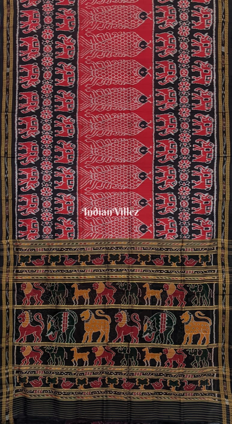 Red Black Elephant & Fish Motif Odisha Handloom Khandua Silk Saree