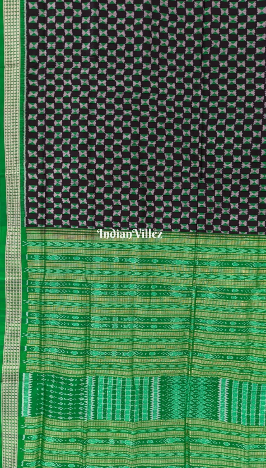 Green and Black Small Square Sambalpuri Silk Saree