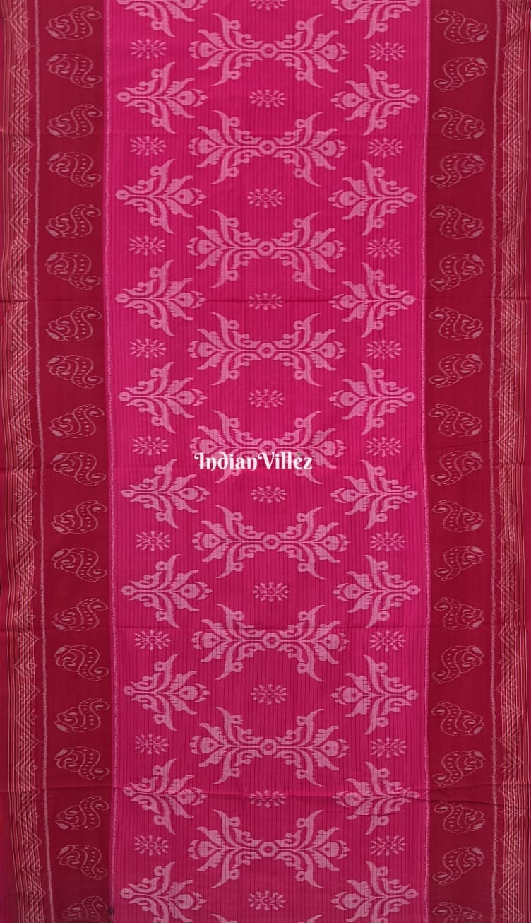 Red Pink Floral Theme Sambalpuri Ikat Maniabandha Cotton Saree