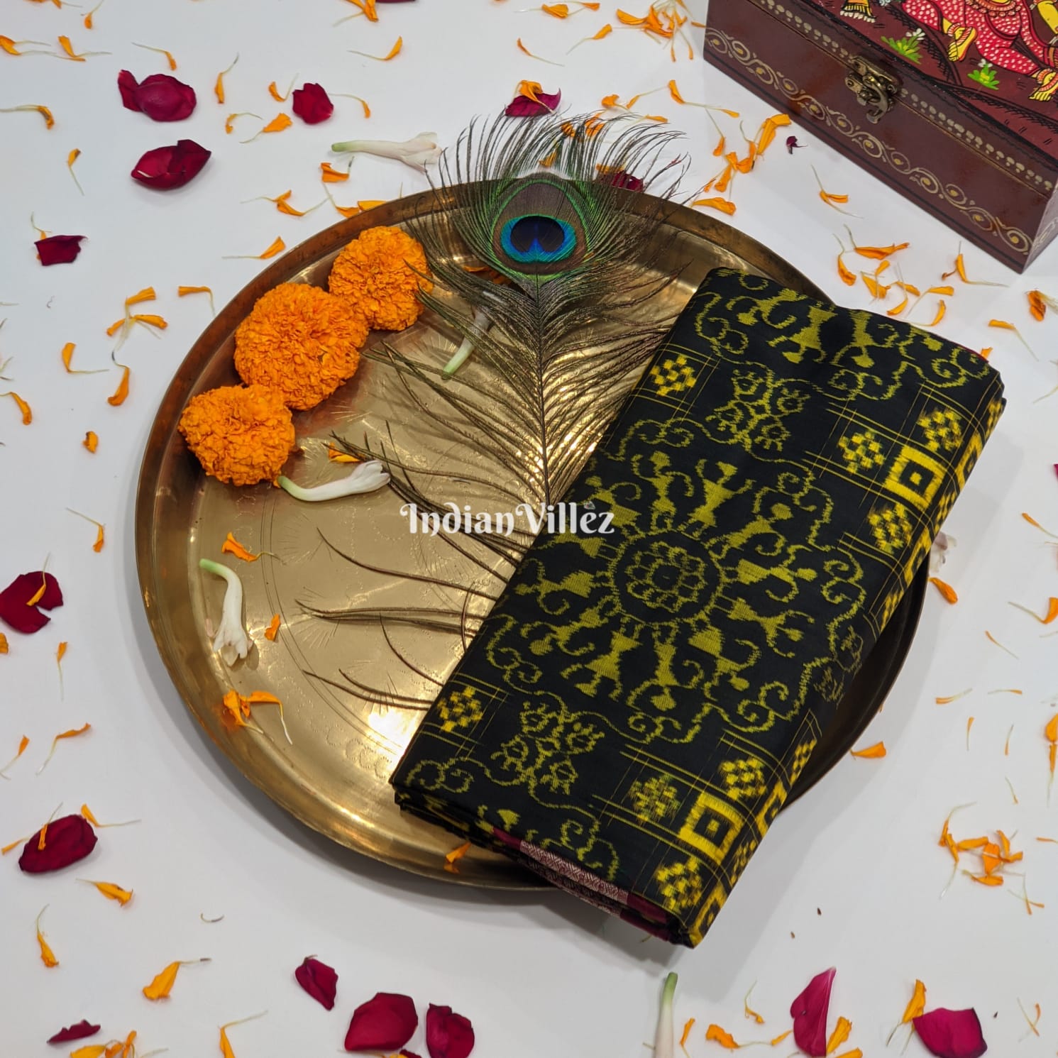 Deep Green Yellow Tribal Theme Odisha Ikat Sambalpuri Silk Saree