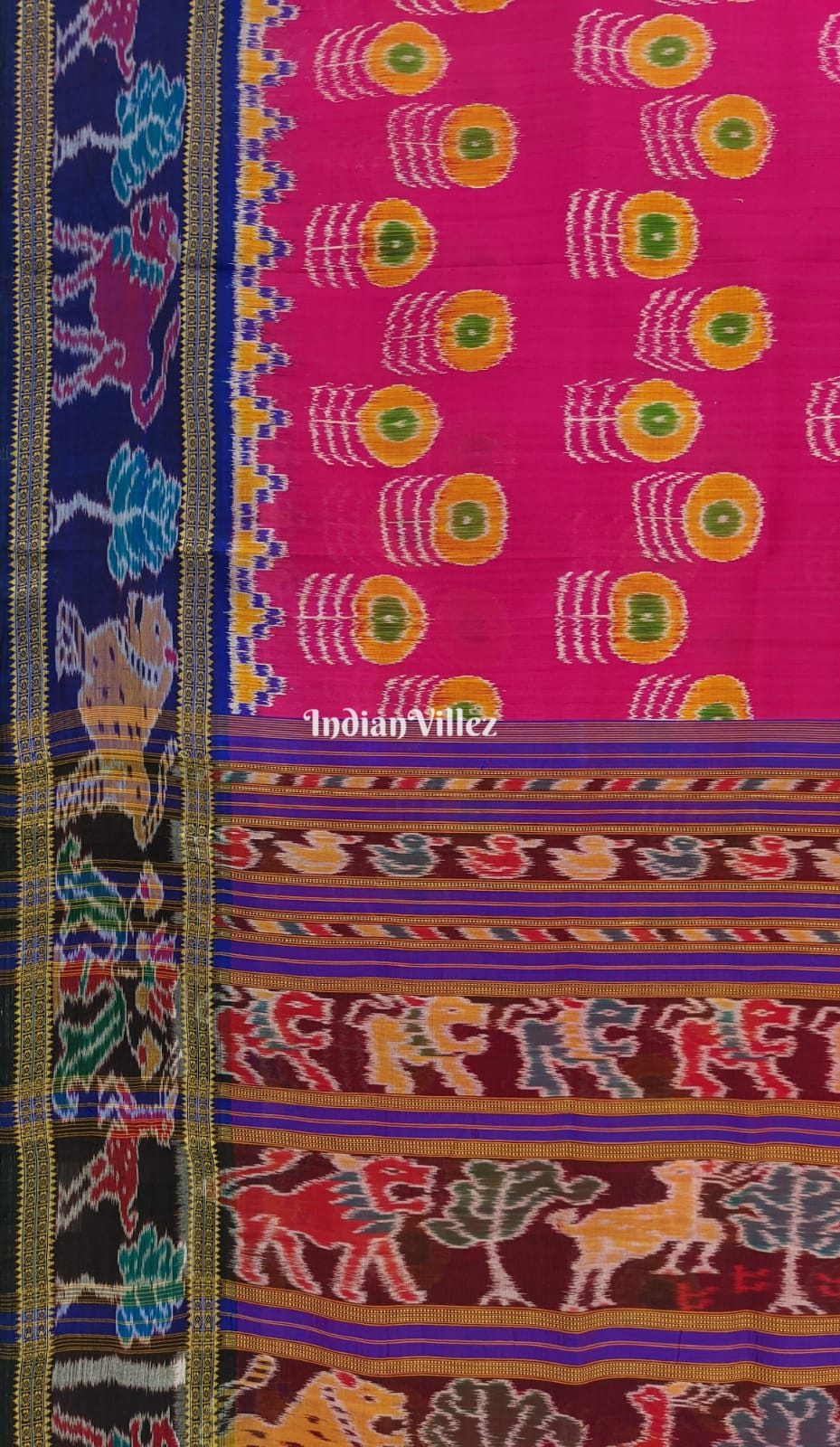 Rani Pink Flowers Khandua Silk Saree with Animal Anchal
