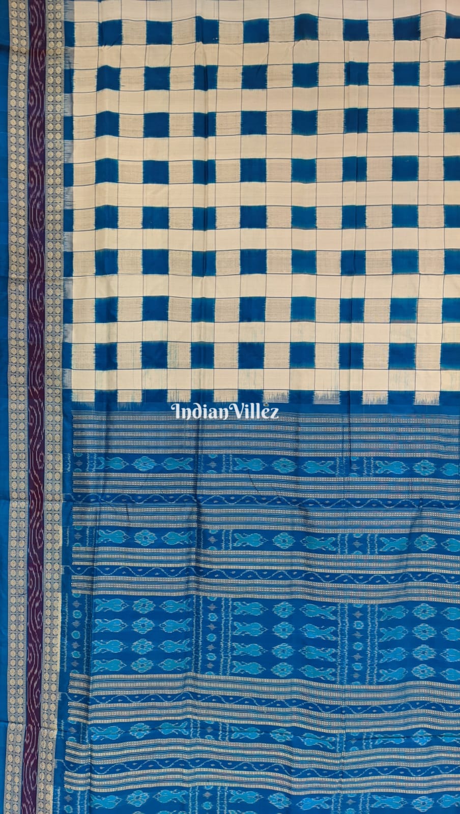 Blue and White Square Odisha Handloom Sambalpuri Silk Saree