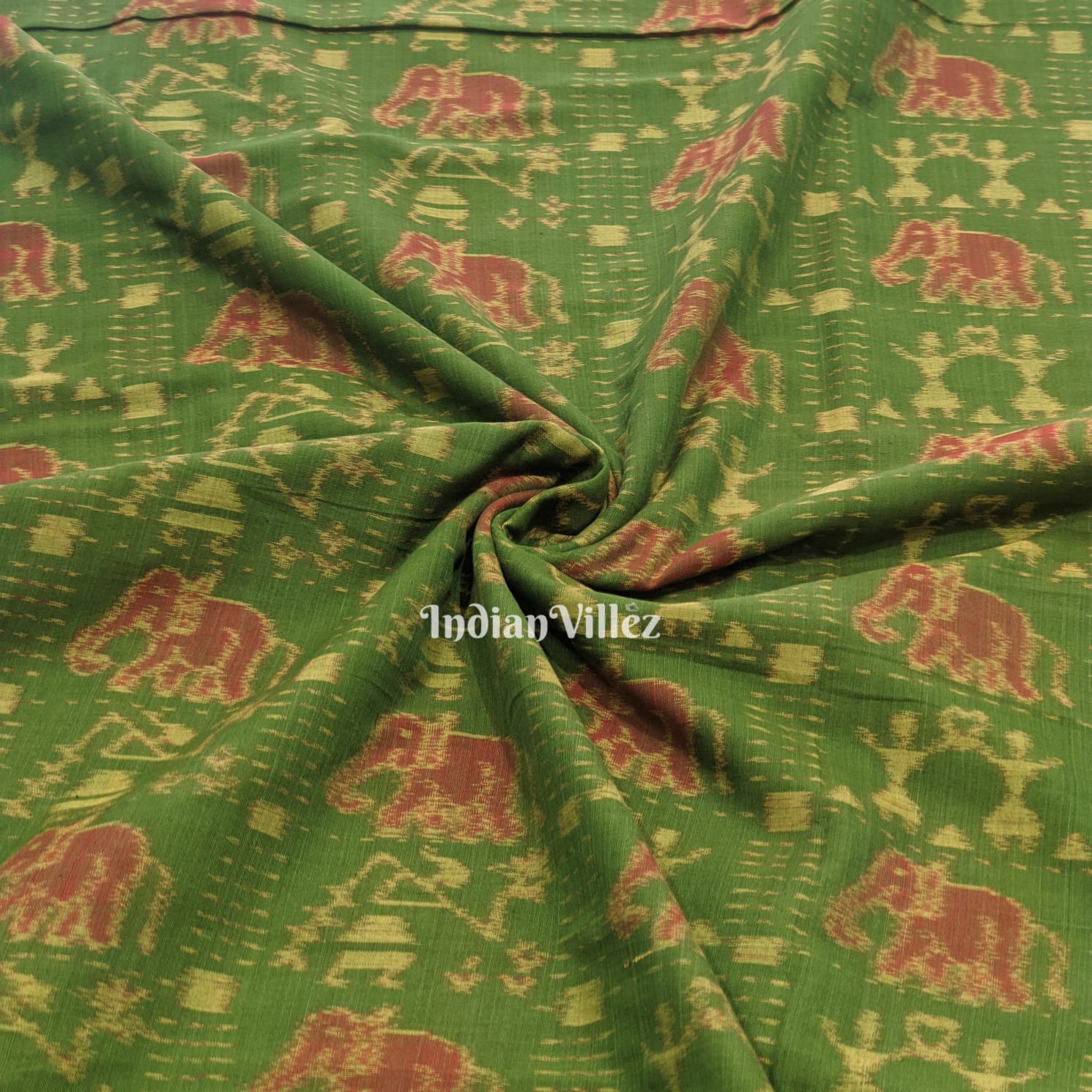 Green Elephant & Tribal Sambalpuri Cotton Fabric