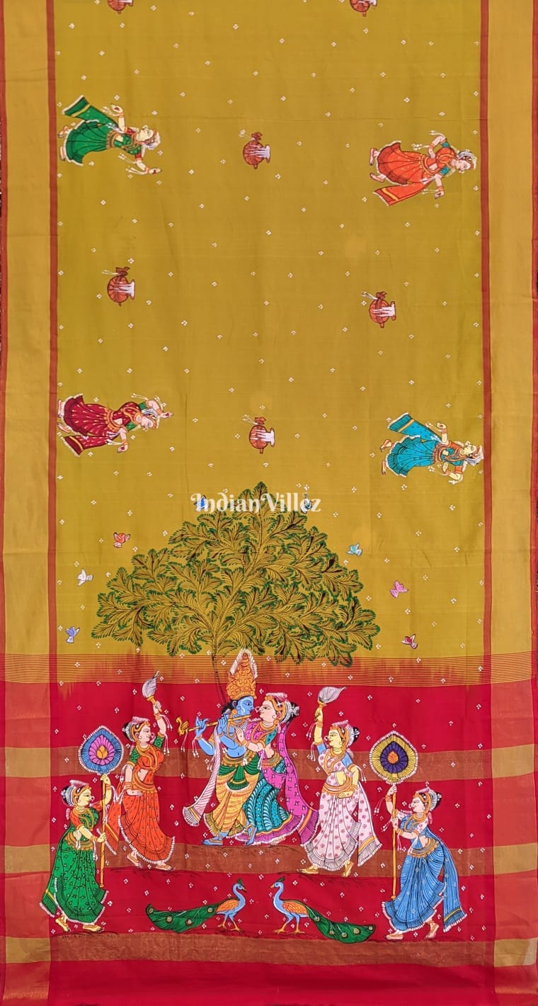 Yellow Radha Krishna Hand-Painted Pattachitra Art Silk Saree
