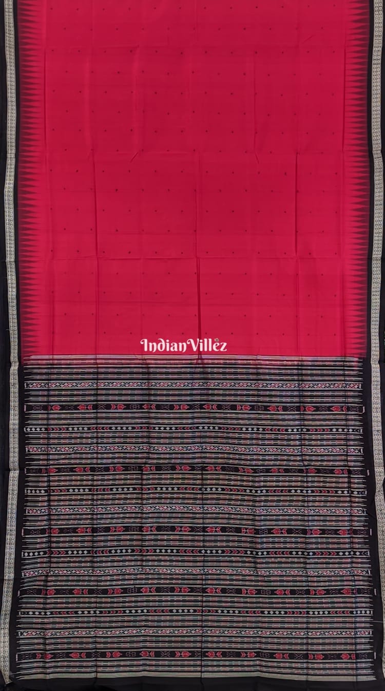 Red Sambalpuri Ikat Bomkai Silk Saree with  Fish Anchal