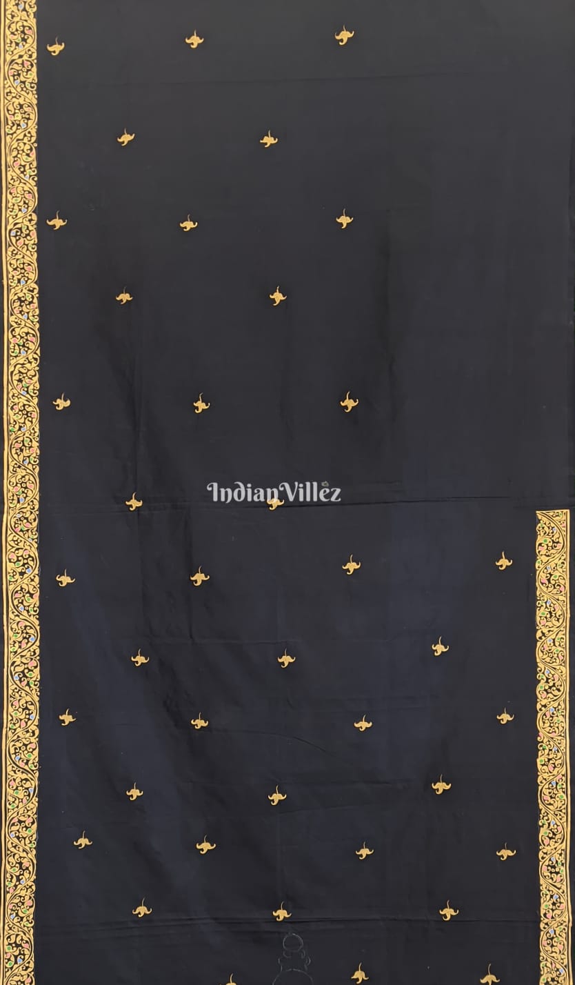 Black Shree Ganesh Pattachitra Art Pure Silk Saree