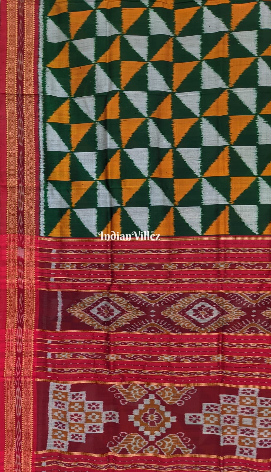 Zigzag White Green Yellow Odisha Ikat Khandua Silk Saree