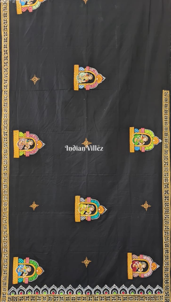 Black Elephant & Narthaki Theme Pattachitra Art on Mulberry Silk Saree