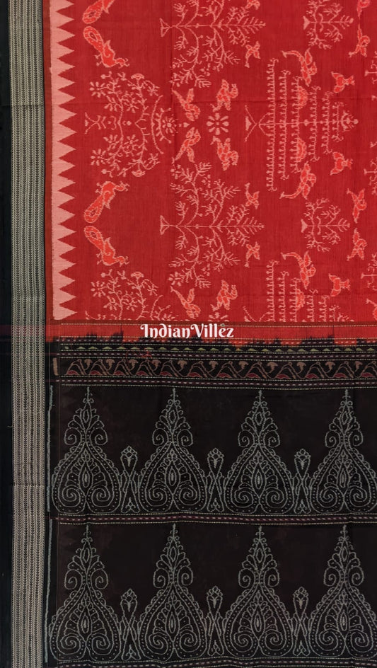 Rust Maroon Tree Bird Motifs Sambalpuri Ikat Cotton Saree