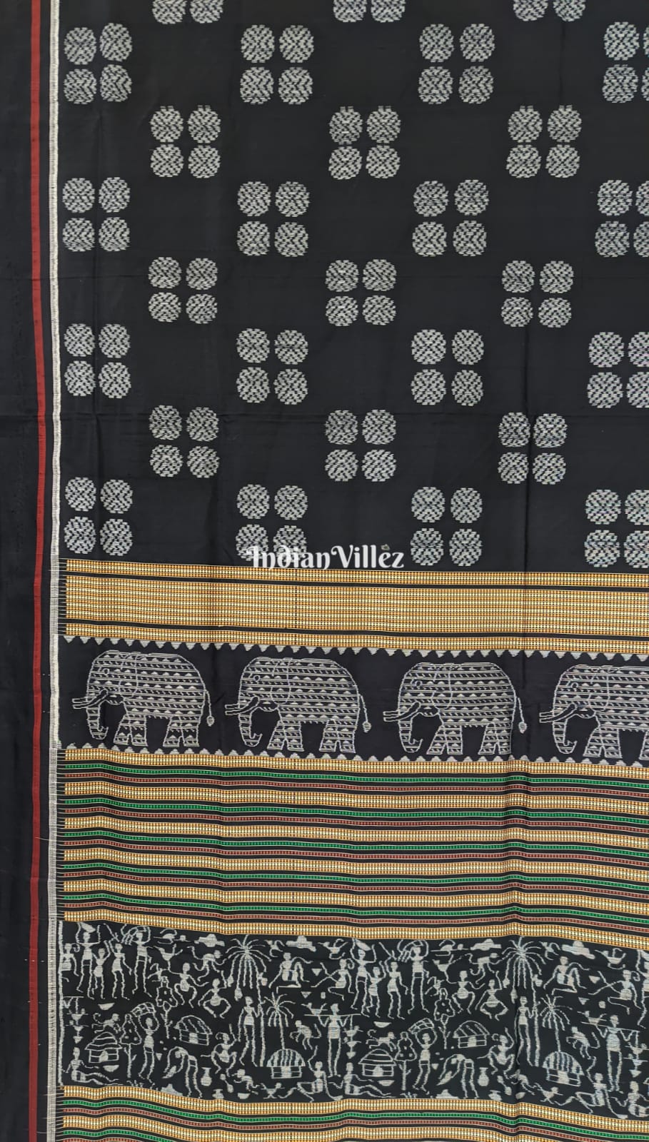 Black Round Rudraksha Elephant Sambalpuri Ikat Handloom Saree