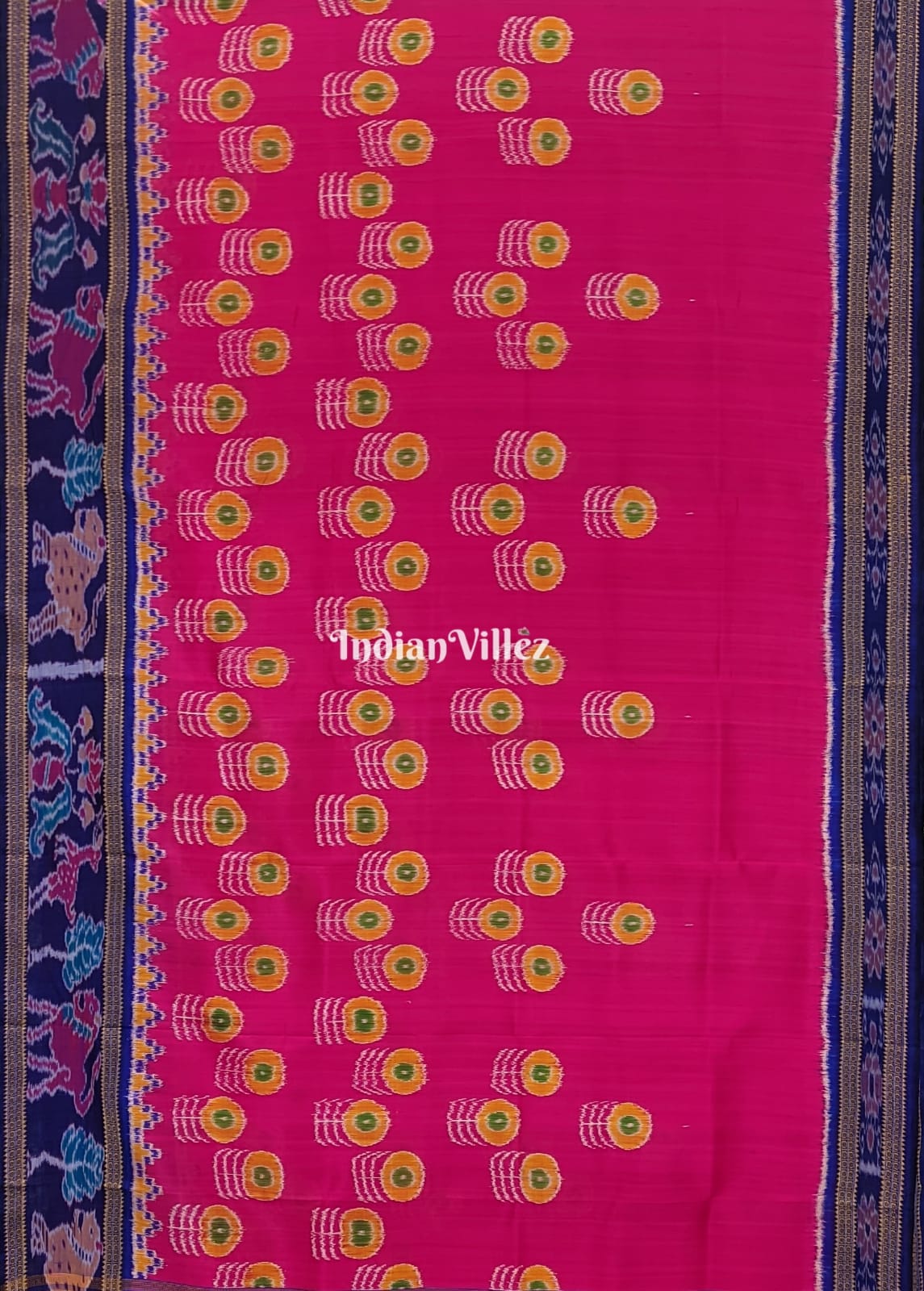 Rani Pink Flowers Khandua Silk Saree with Animal Anchal