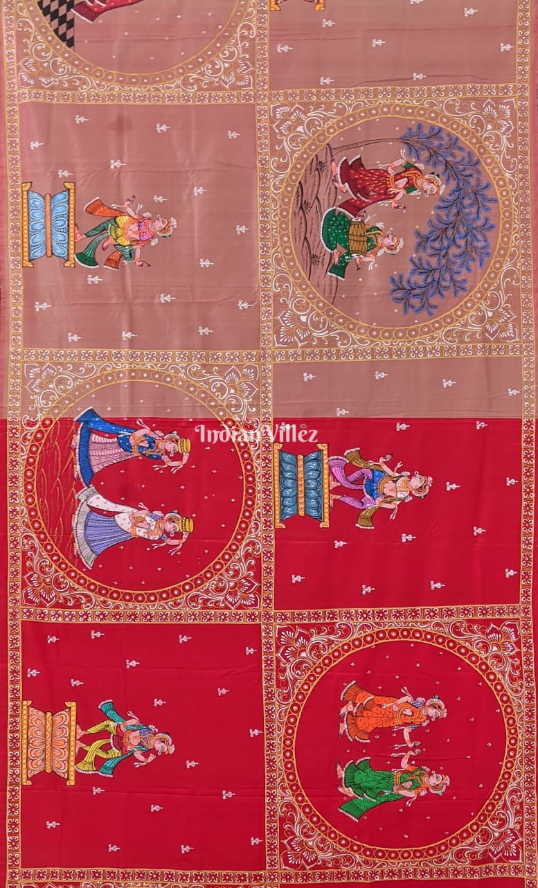 Red Krishna Leela Pattachitra Art Silk Saree