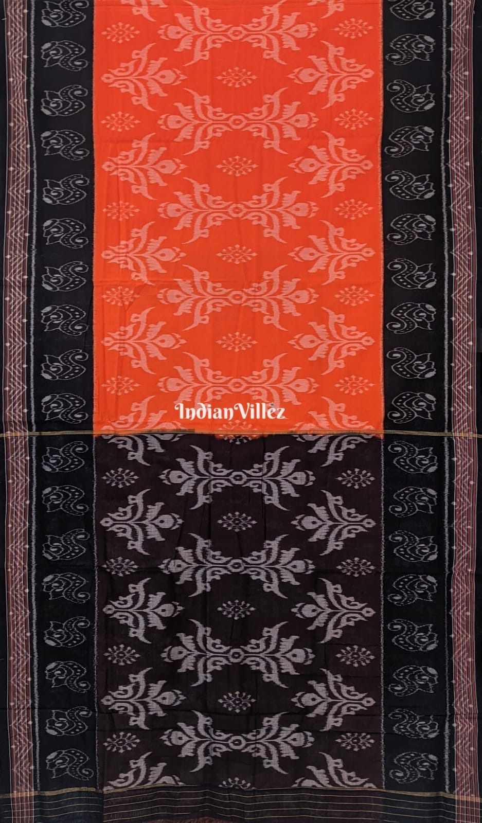 Orange Black Sambalpuri Ikat Maniabandha Cotton Silk Saree