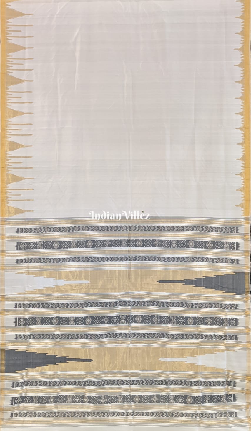 Golden White Phoda Kumbha Sambalpuri Ikat Silk Saree with Tissue Border