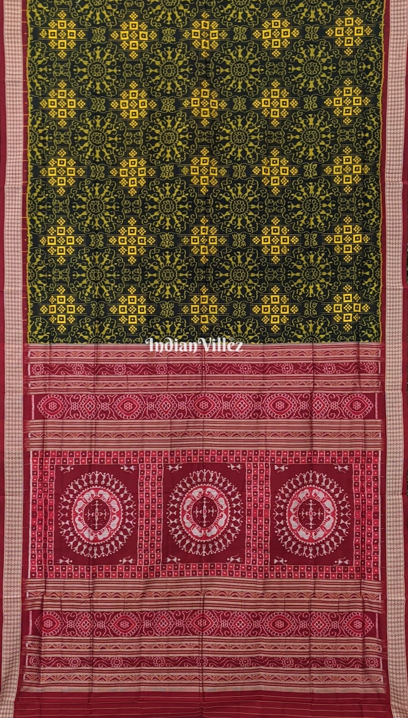 Deep Green Yellow Tribal Theme Odisha Ikat Sambalpuri Silk Saree