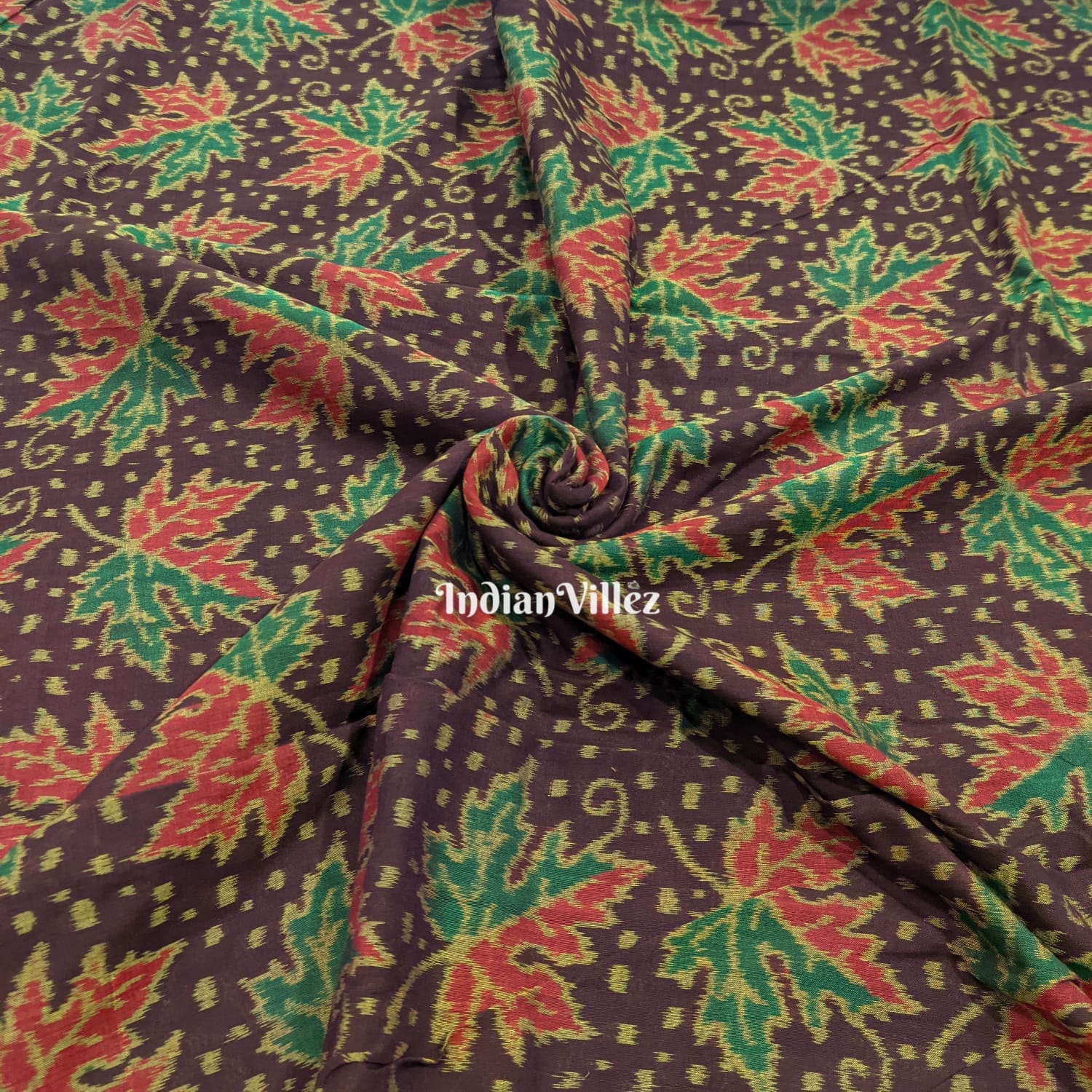 Chocolate Leaf Design Odisha Ikat Cotton Fabric