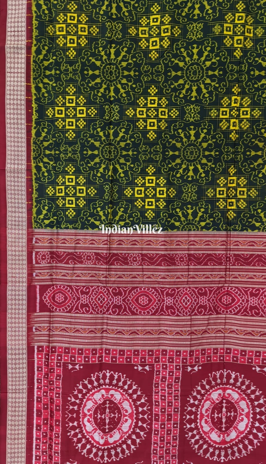 Deep Green Yellow Tribal Theme Odisha Ikat Sambalpuri Silk Saree
