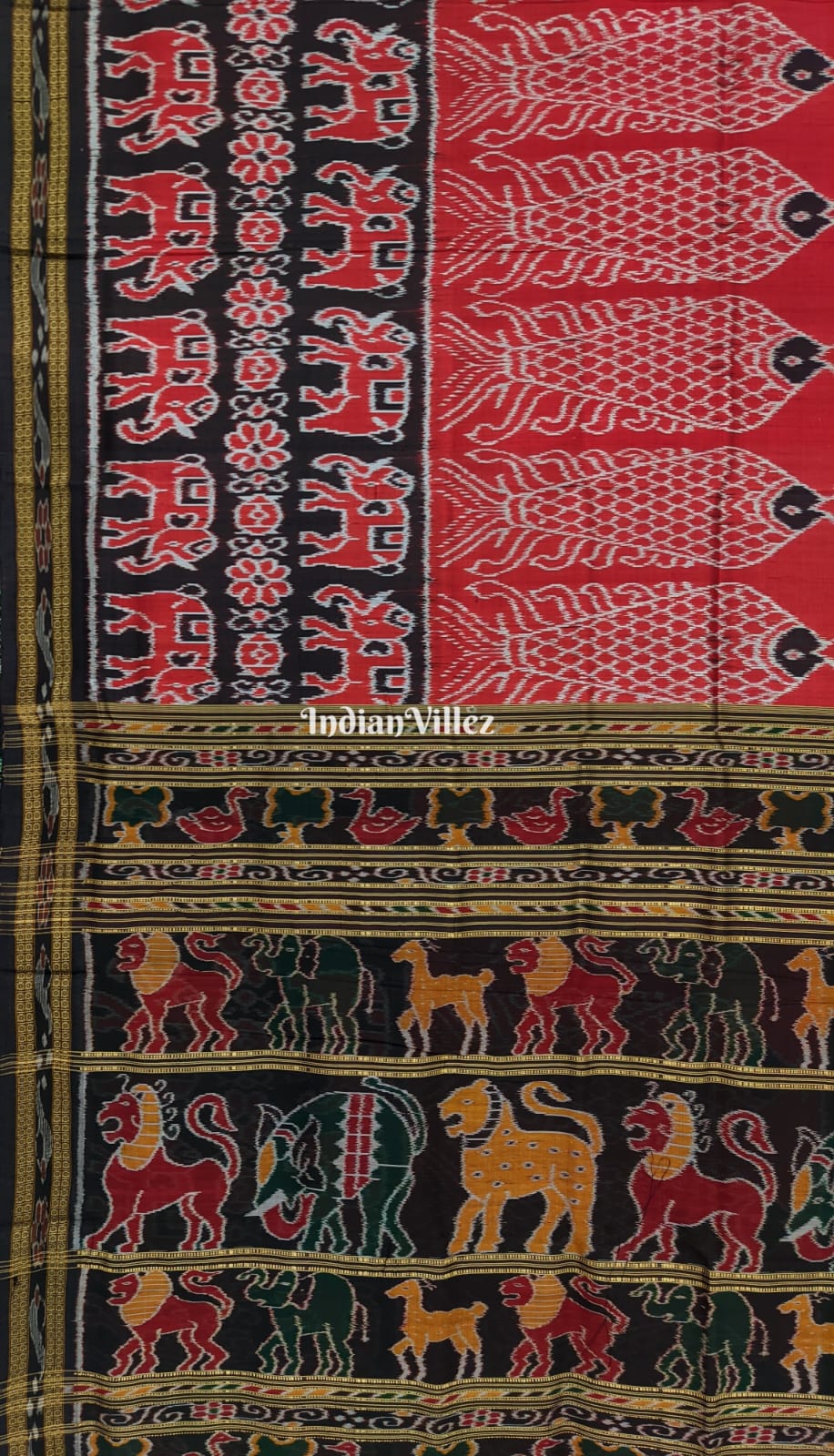 Red Black Elephant & Fish Motif Odisha Handloom Khandua Silk Saree