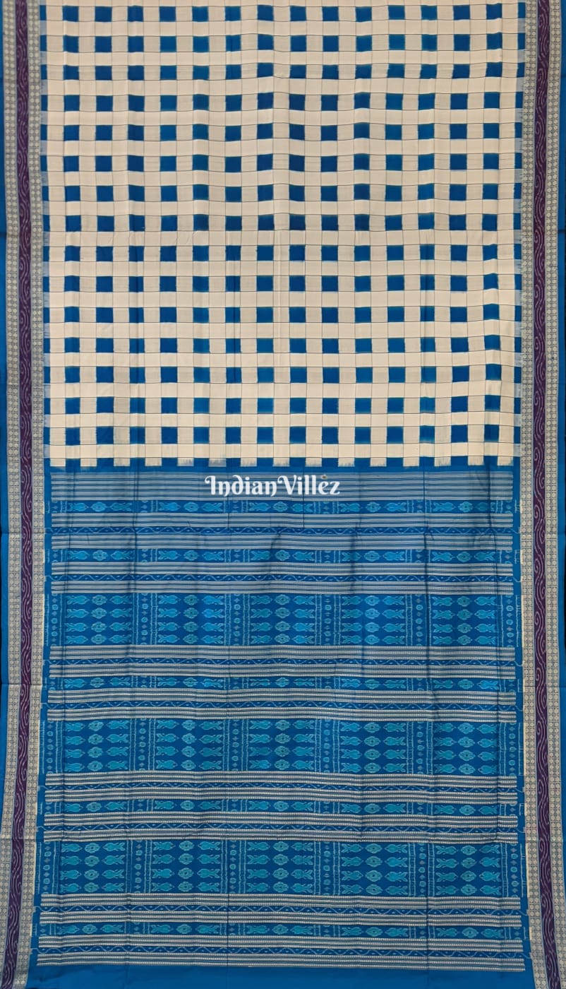 Blue and White Square Odisha Handloom Sambalpuri Silk Saree
