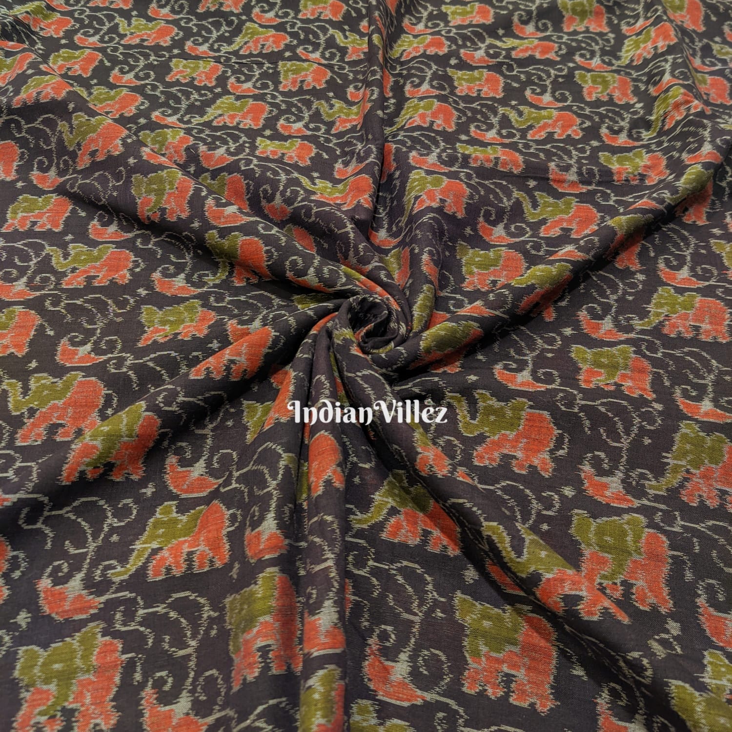 Black Elephant Design Odisha Ikat Cotton Fabric