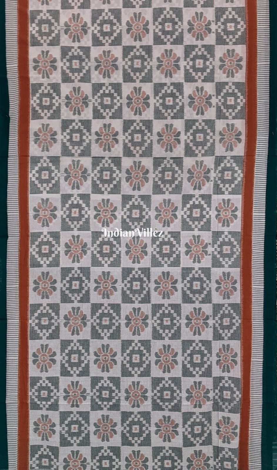 White Green Floral Design Sambalpuri Ikat Cotton Saree