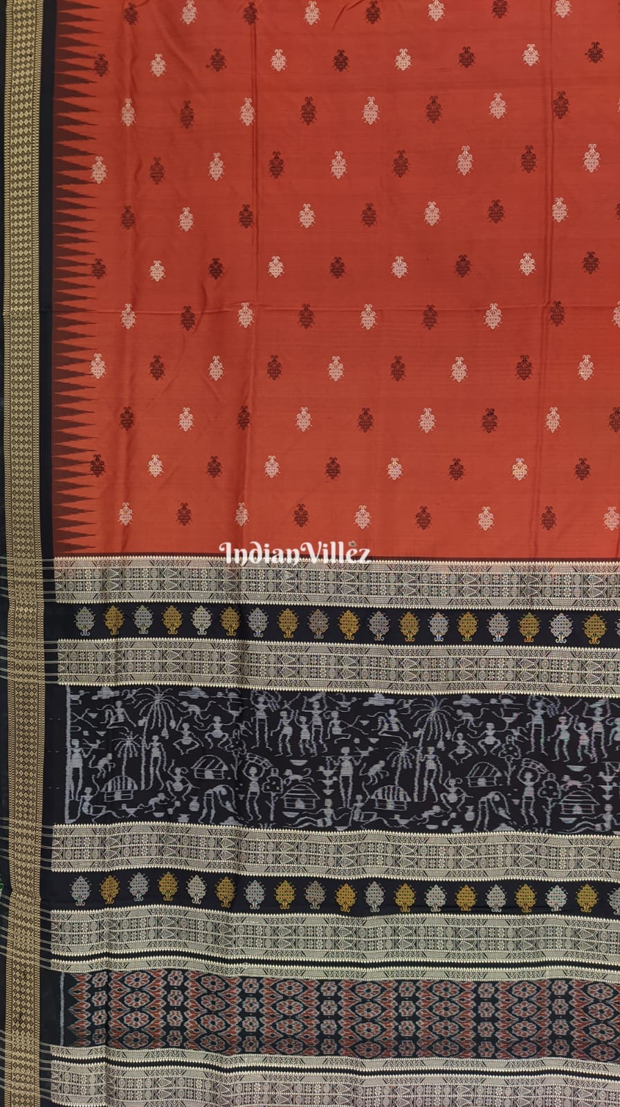 Rust Color Tree Motif Bomkai Sambalpuri Silk Saree with Tribal Aanchal