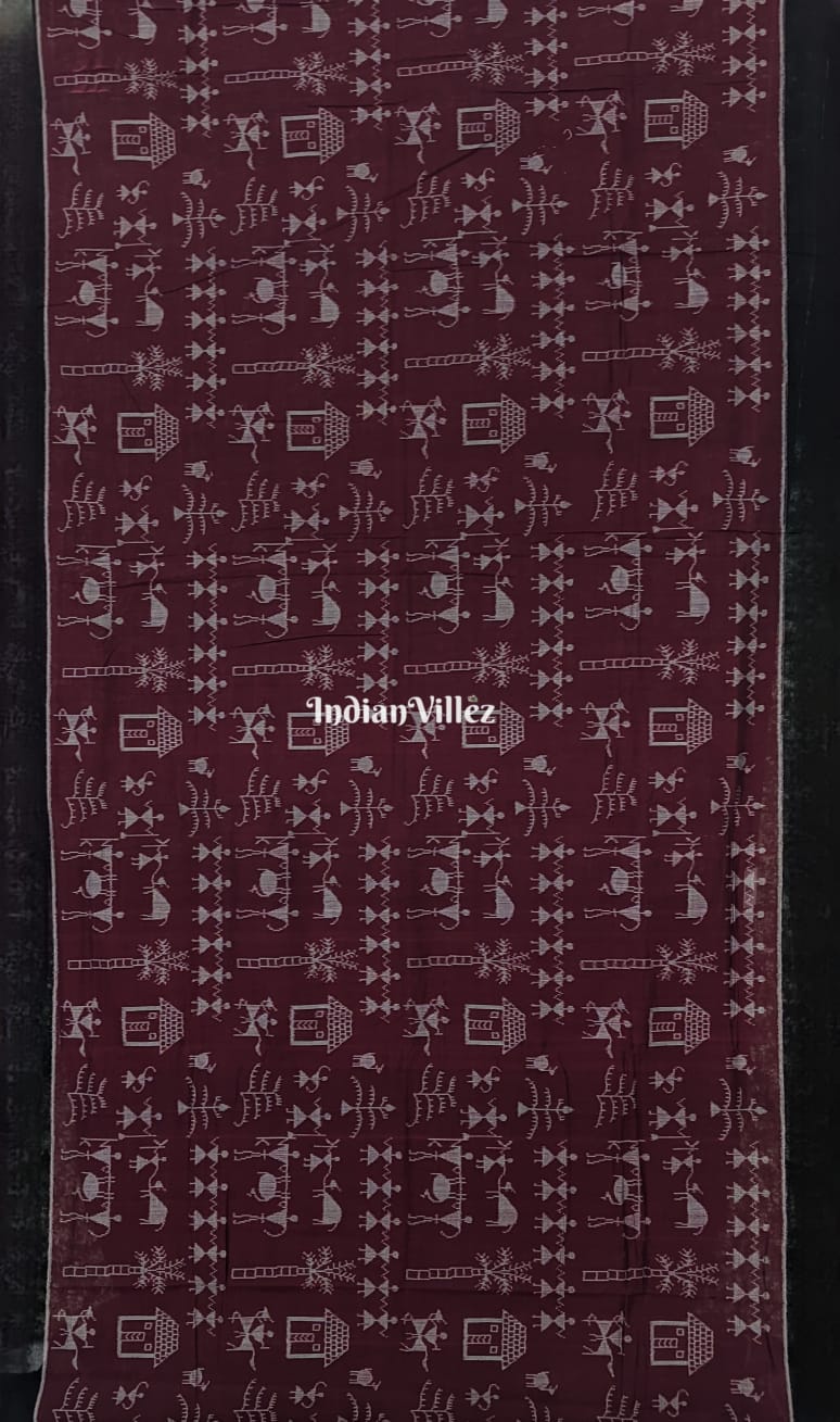 Maroon Black Tribal Theme Sambalpuri Cotton Ikat Saree