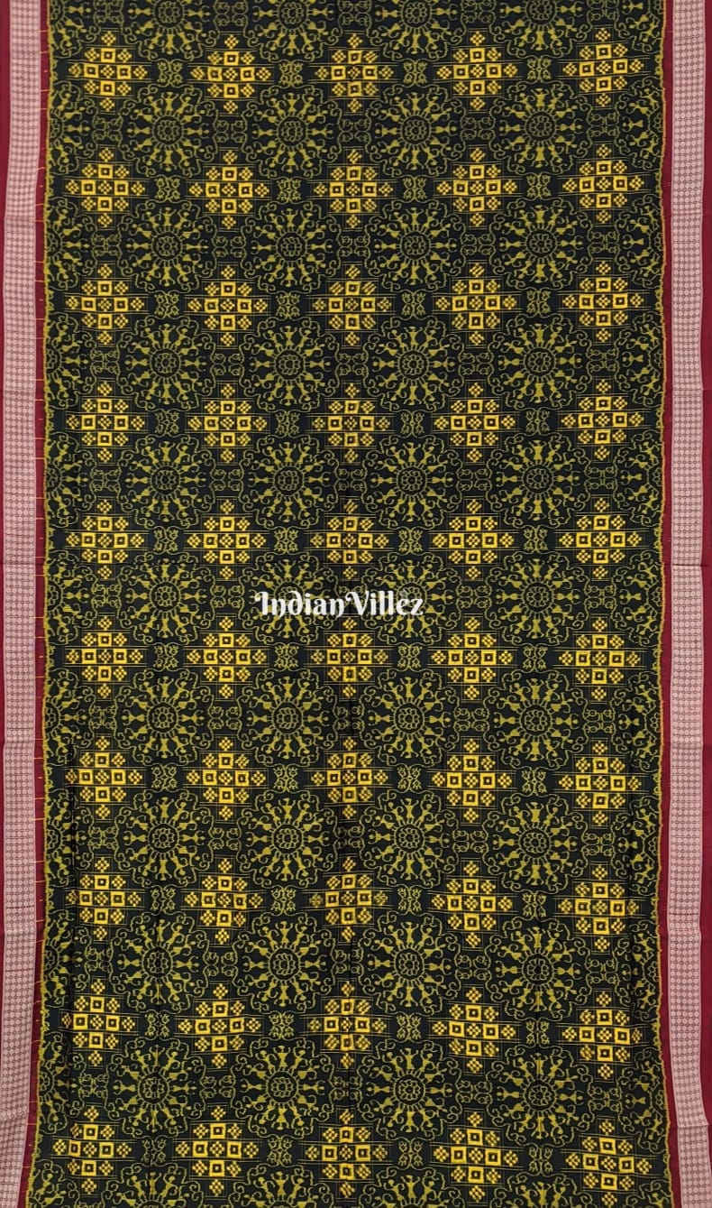Deep Green Yellow Tribal Theme Odisha Ikat Sambalpuri Silk Saree
