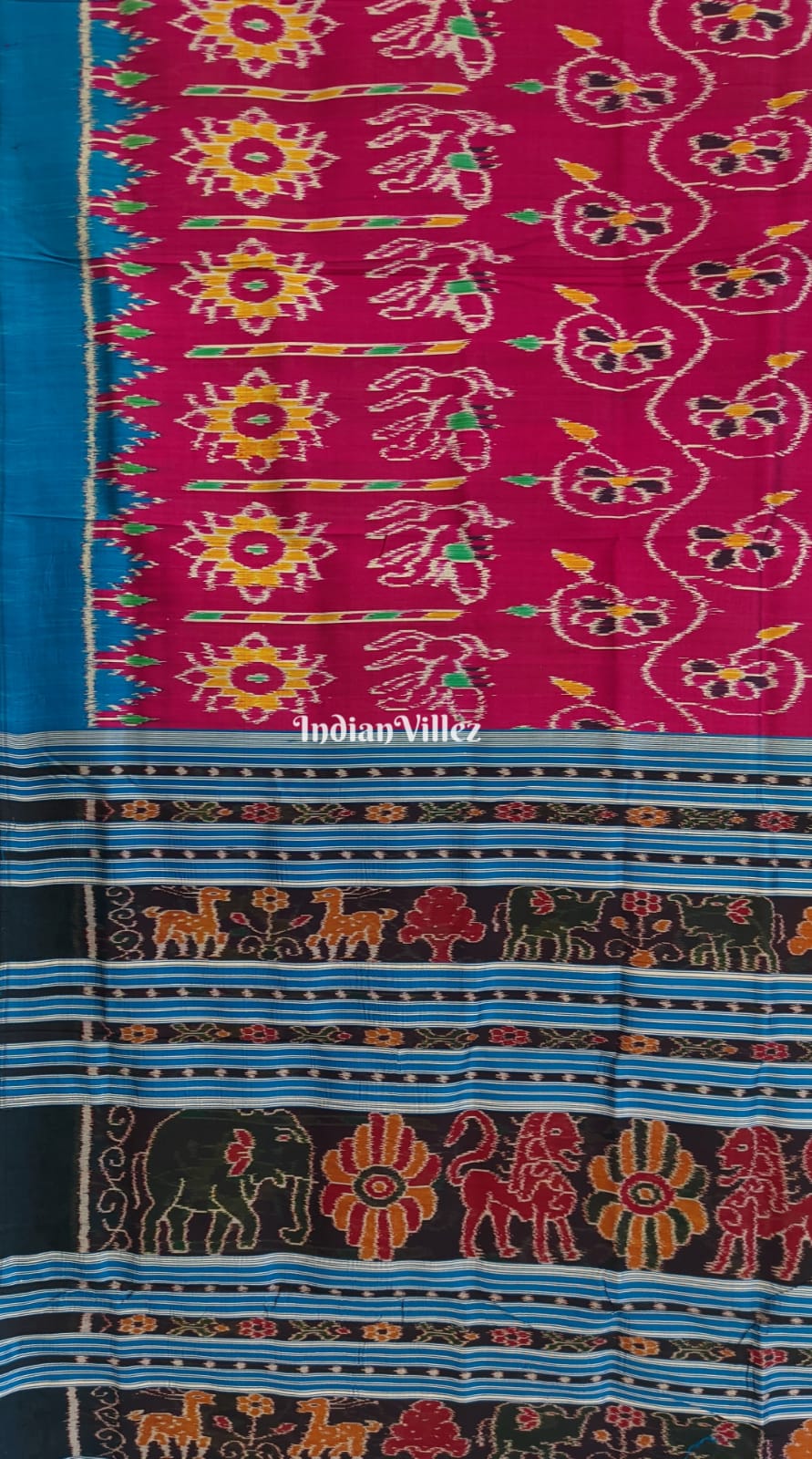 Pink Sky Blue Flower and Elephant Contemporary Odisha Ikat Silk Saree
