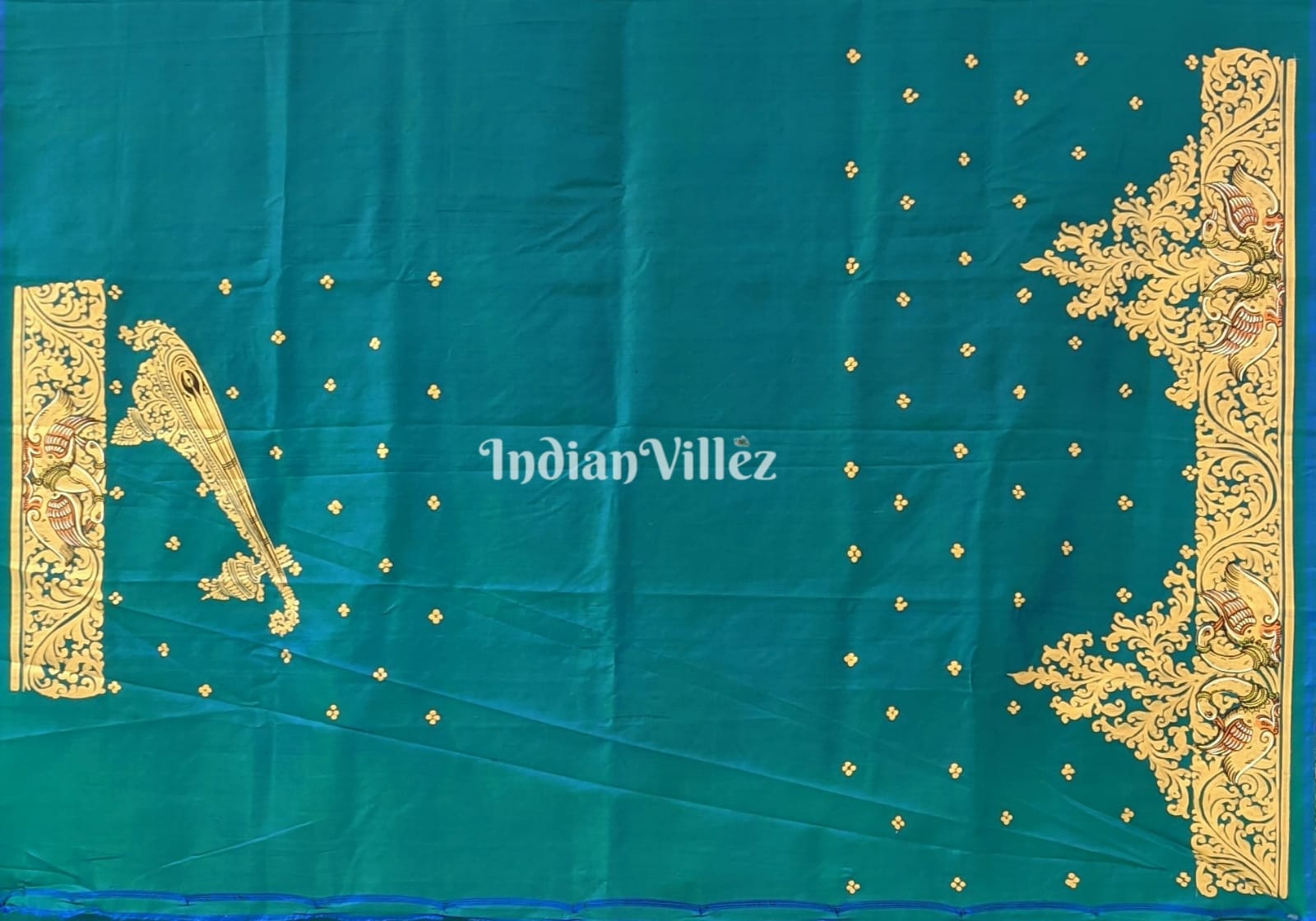 Sea Green Mata Saraswati Pattachitra Art Bishnupuri Silk Saree