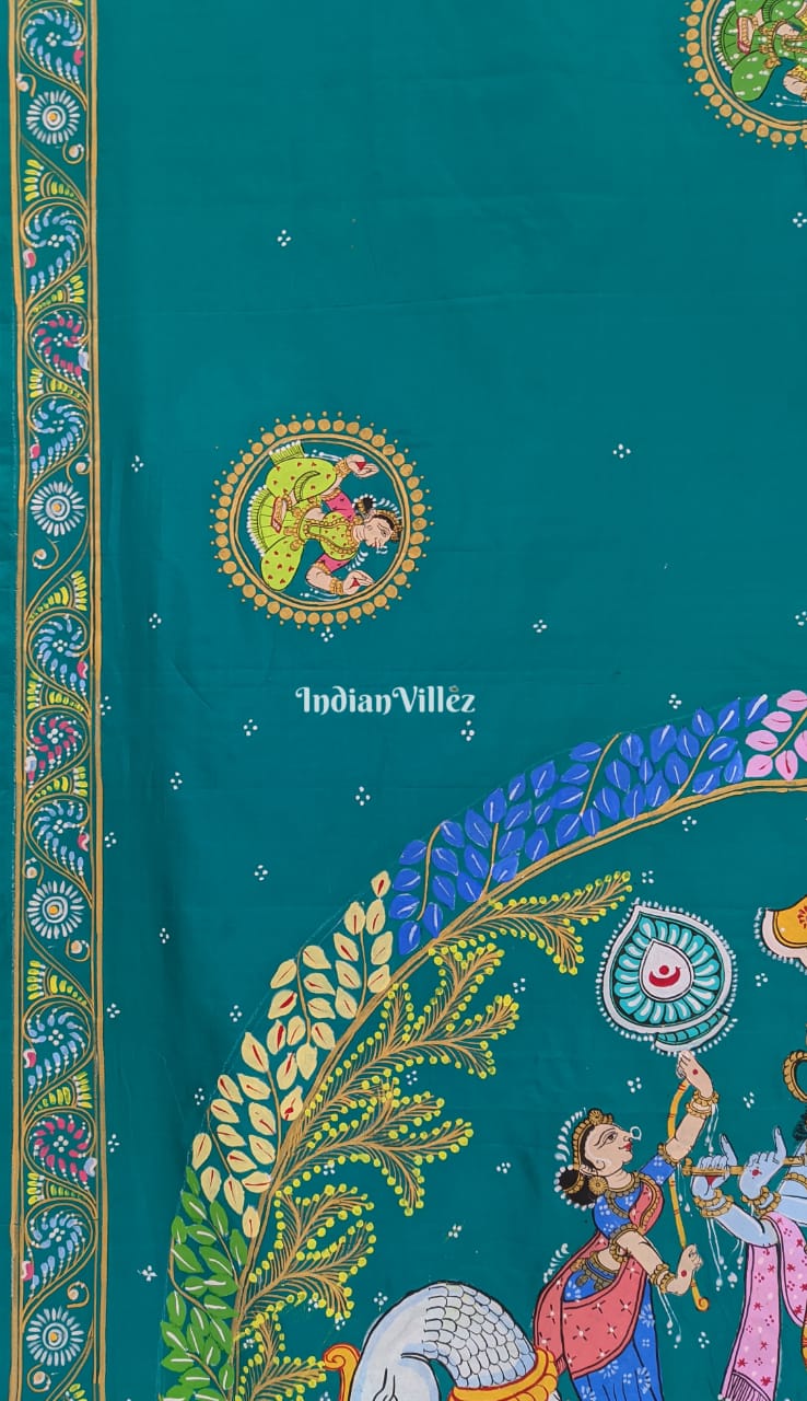 Azure Blue Radha Krishna Hand-Painted Pattachitra Art Silk Saree