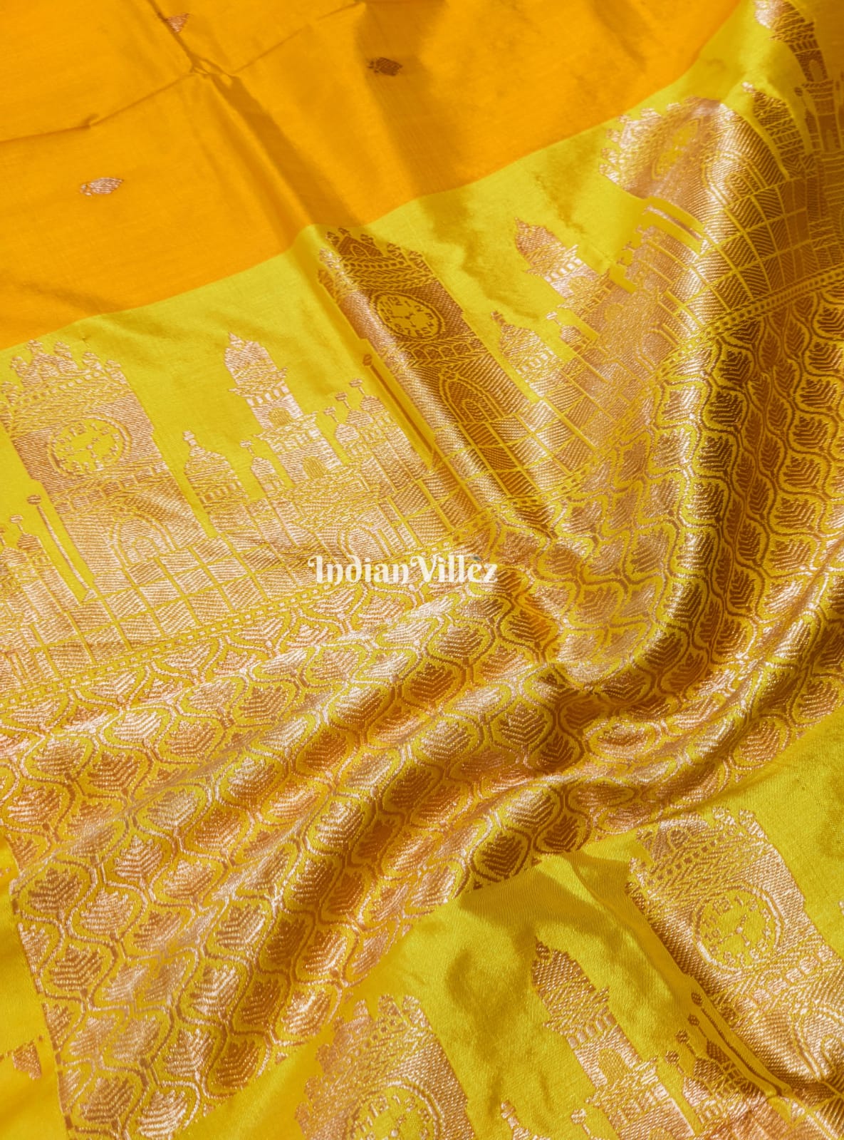 Yellow Banarasi Katan Silk Saree Inspired by Big Ben, London & United States Capitol, Washington DC