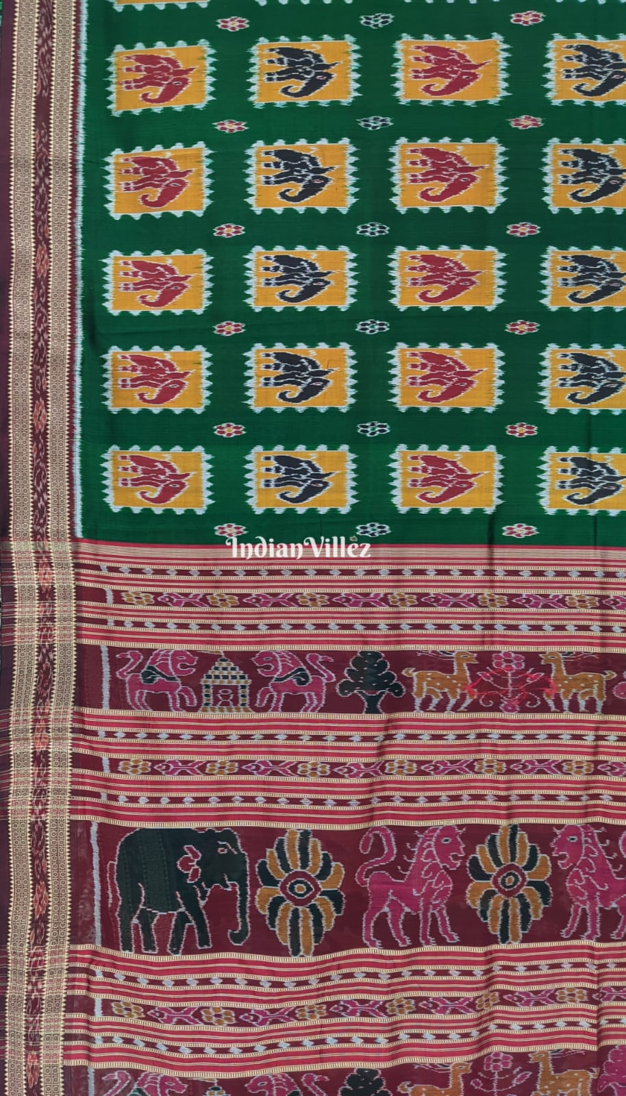 Green Box Elephant Odisha Handloom Khandua Silk Saree 