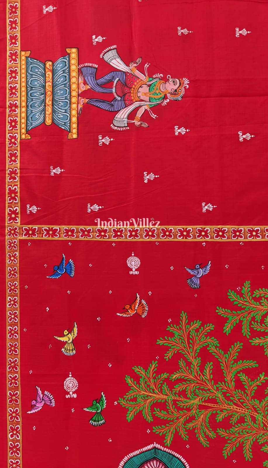 Red Krishna Leela Pattachitra Art Silk Saree