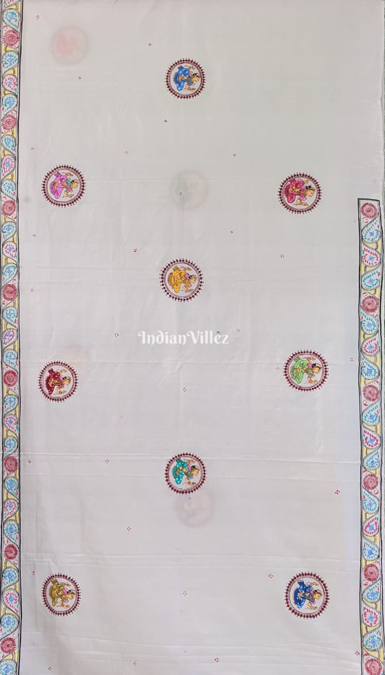 White Radha Krishna Pattachitra Art Pure Silk Saree
