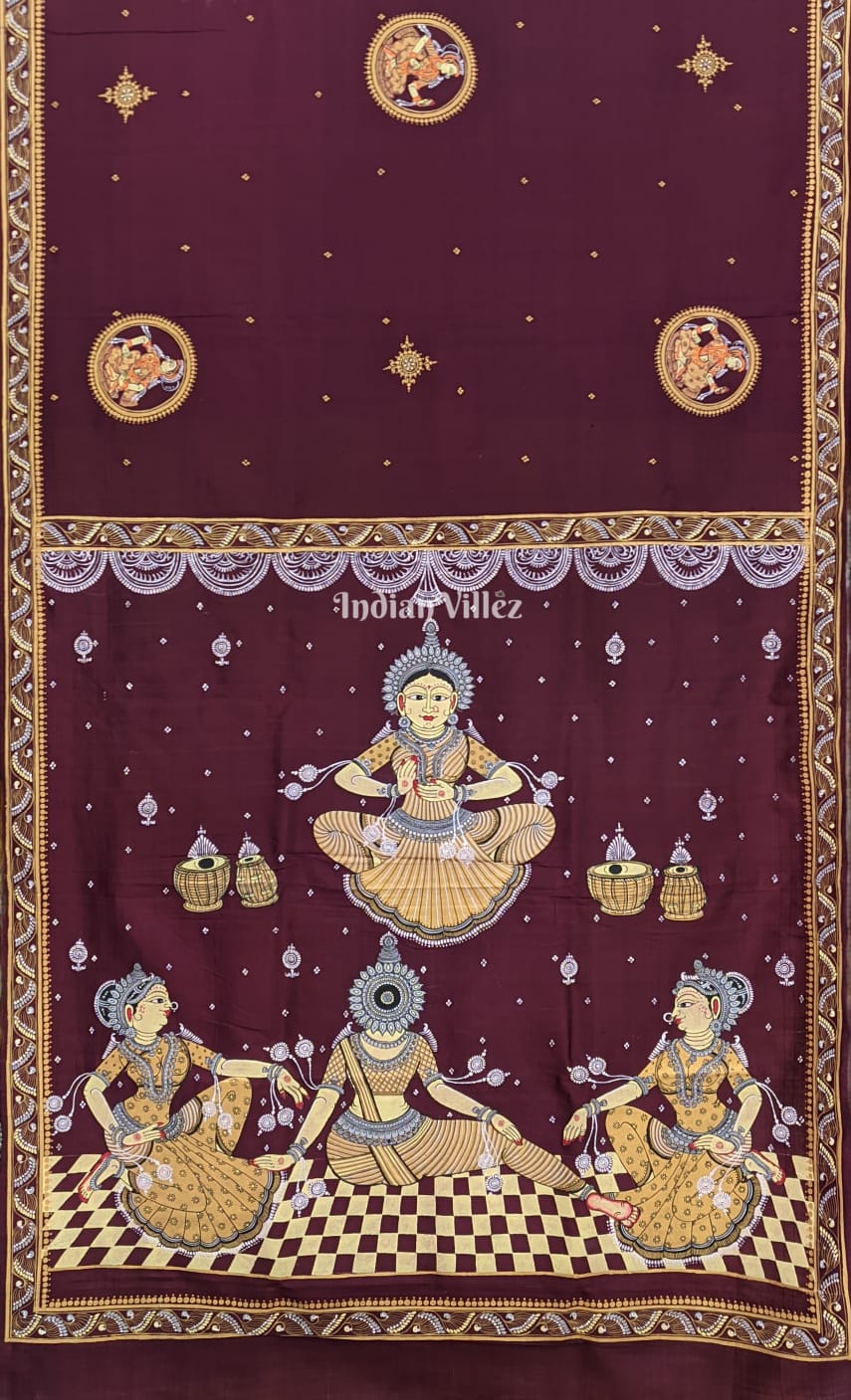 Half Yellow Coffee Odissi Dancer Pattachitra Pure Tussar Saree