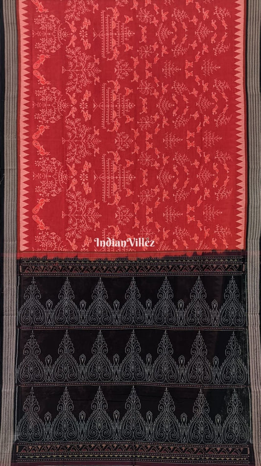 Rust Maroon Tree Bird Motifs Sambalpuri Ikat Cotton Saree