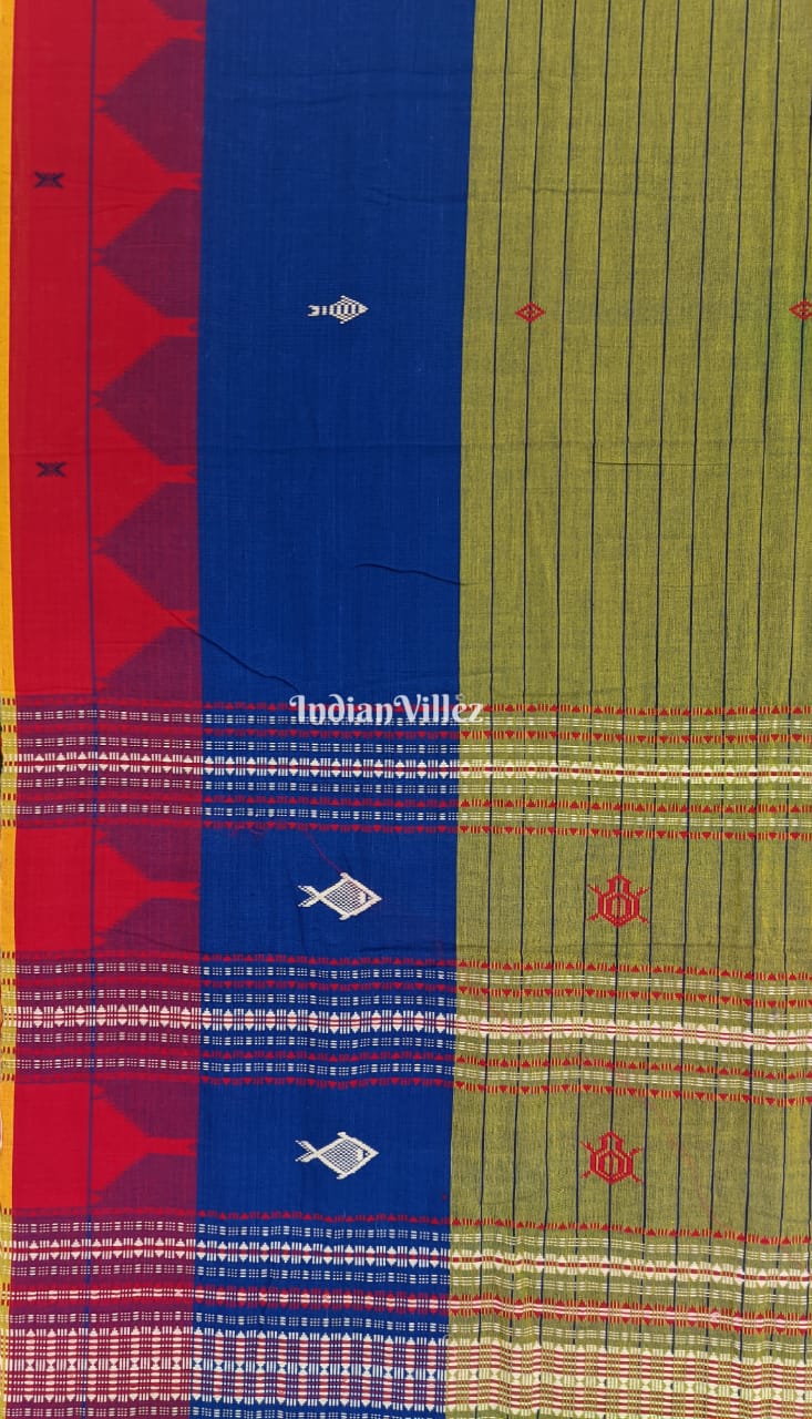 Kotpad Natural Dye Odisha Handloom Saree (Moss Green and Blue with Red Border)