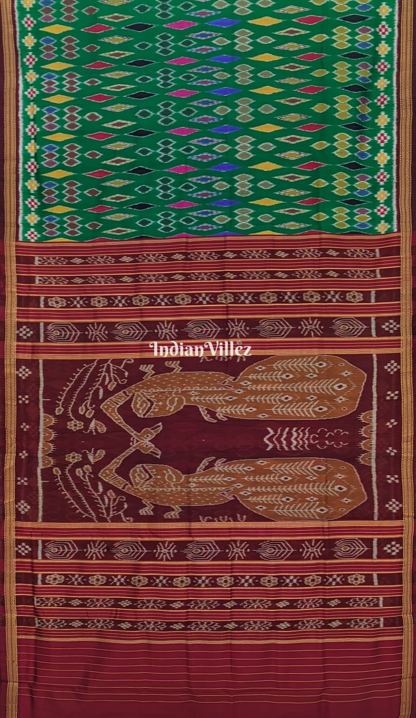 Multicolor on Green Base with Peacock Pallu Khandua Silk Saree