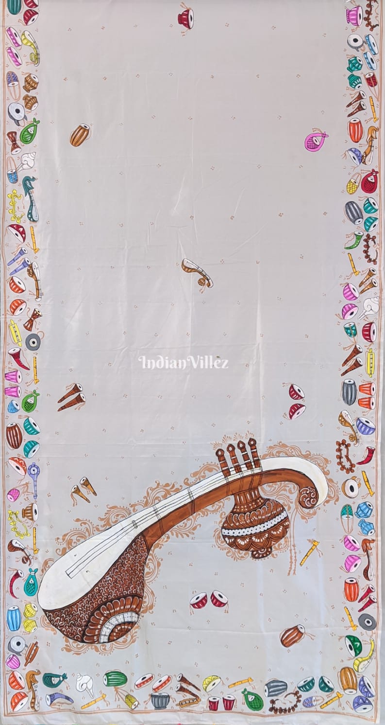 White Sitar Instrument Pattachitra Art Pure Silk Saree