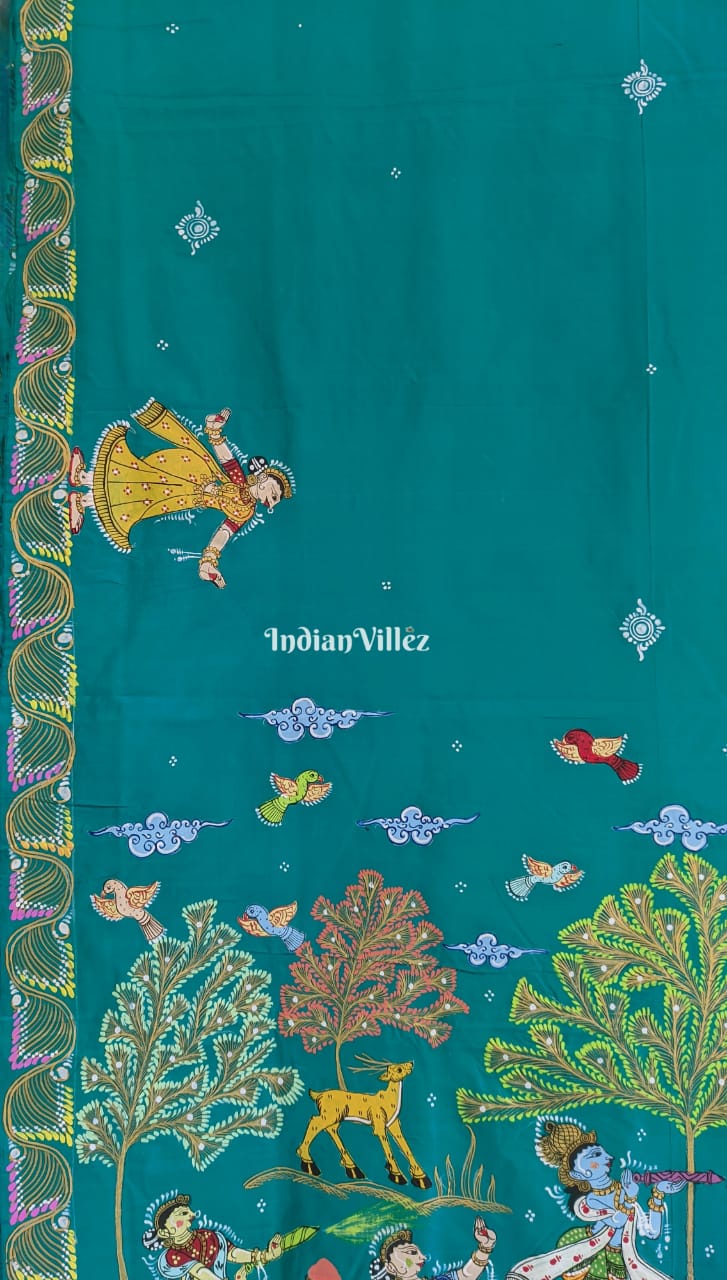 Turquoise Blue Holi Theme Pattachitra Art Silk Saree