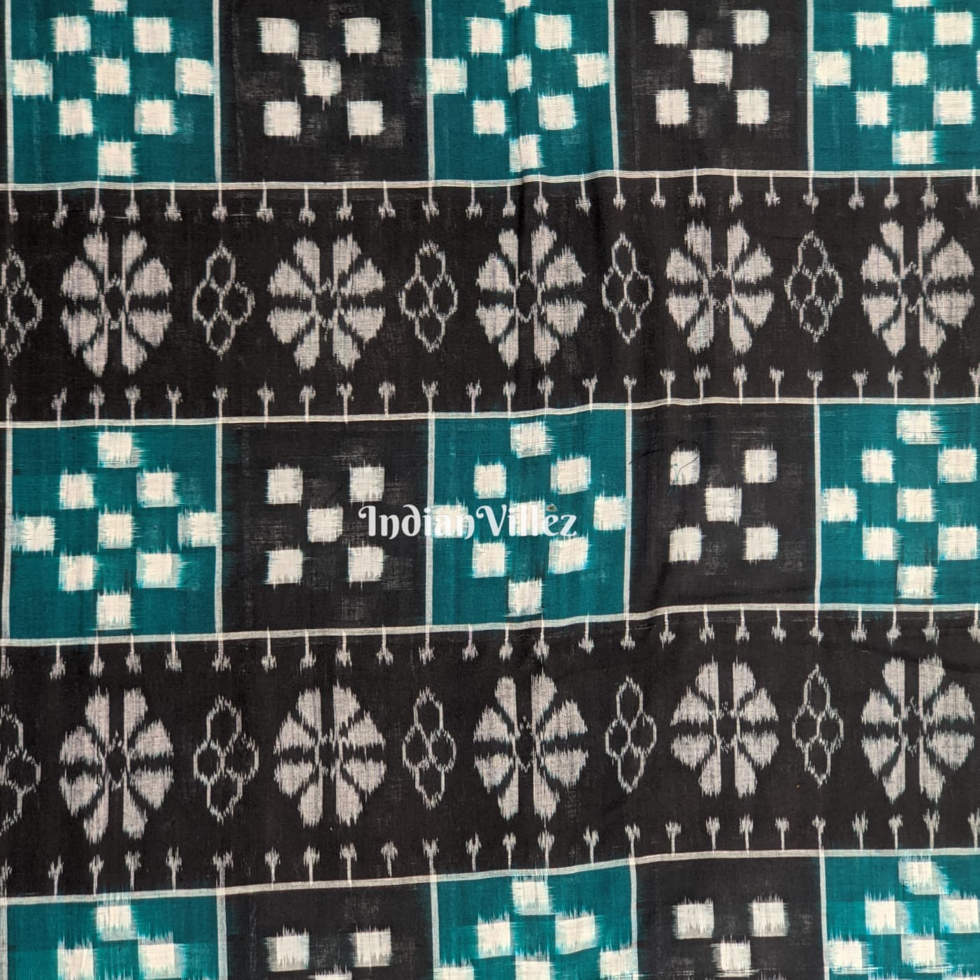 Black Sea Green Pasapali Theme Sambalpuri Cotton Fabric