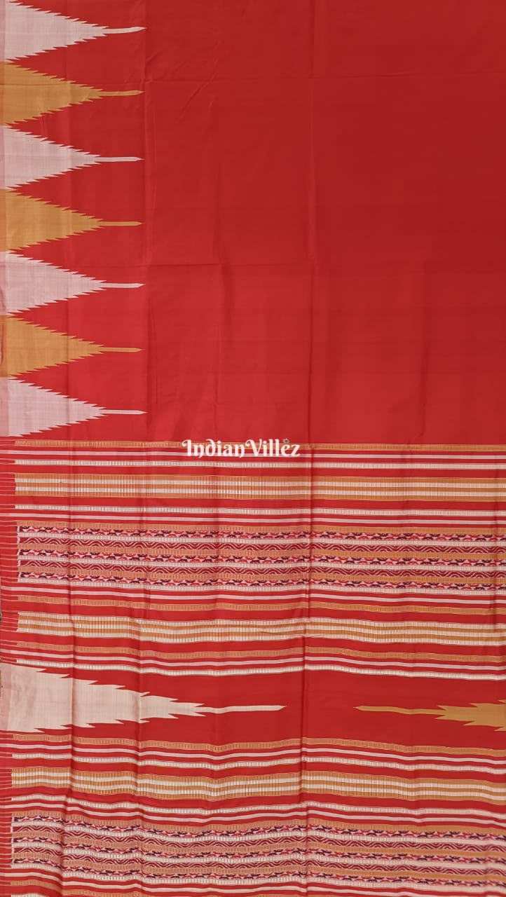 Red Yellow Silver Zari(Tissue) Phoda Kumbha Sambalpuri Ikat Silk Saree