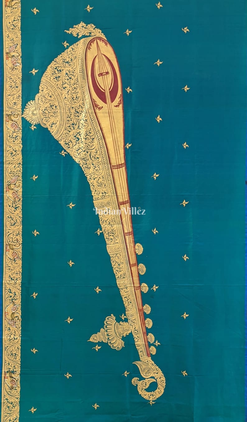 Sea Green Mata Saraswati Pattachitra Art Bishnupuri Silk Saree