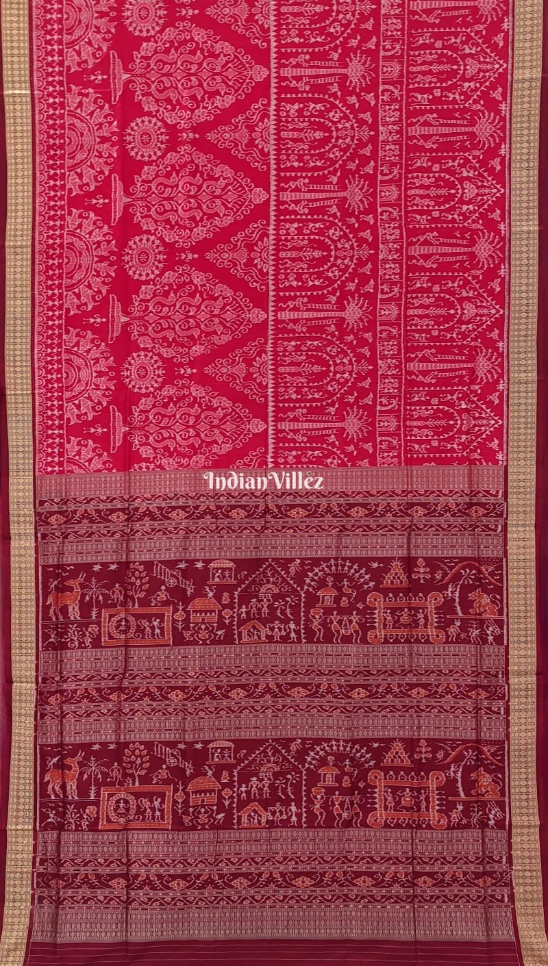 Red Tribal Theme Odisha Handloom Sambalpuri Ikat Silk Saree