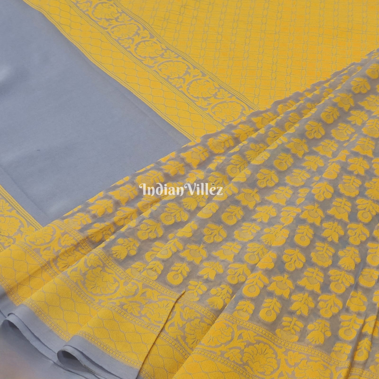 Yellow Flower Design Banarasi Khaddi Georgette Saree