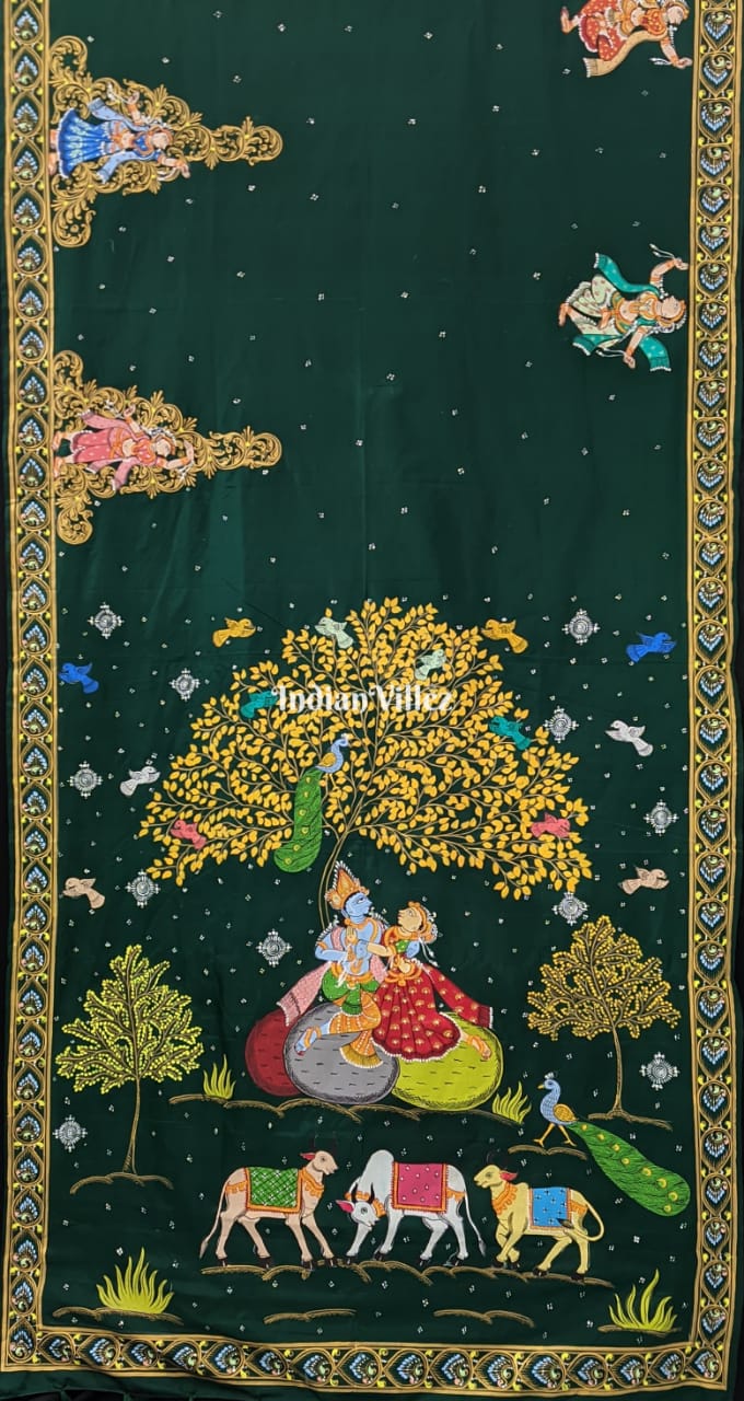 Bottle Green Radha Krishna Hand-Painted Pattachitra Art Silk Saree