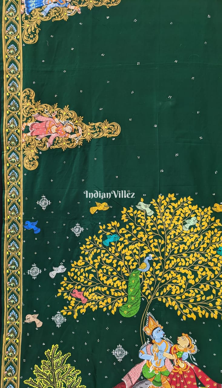 Bottle Green Radha Krishna Hand-Painted Pattachitra Art Silk Saree
