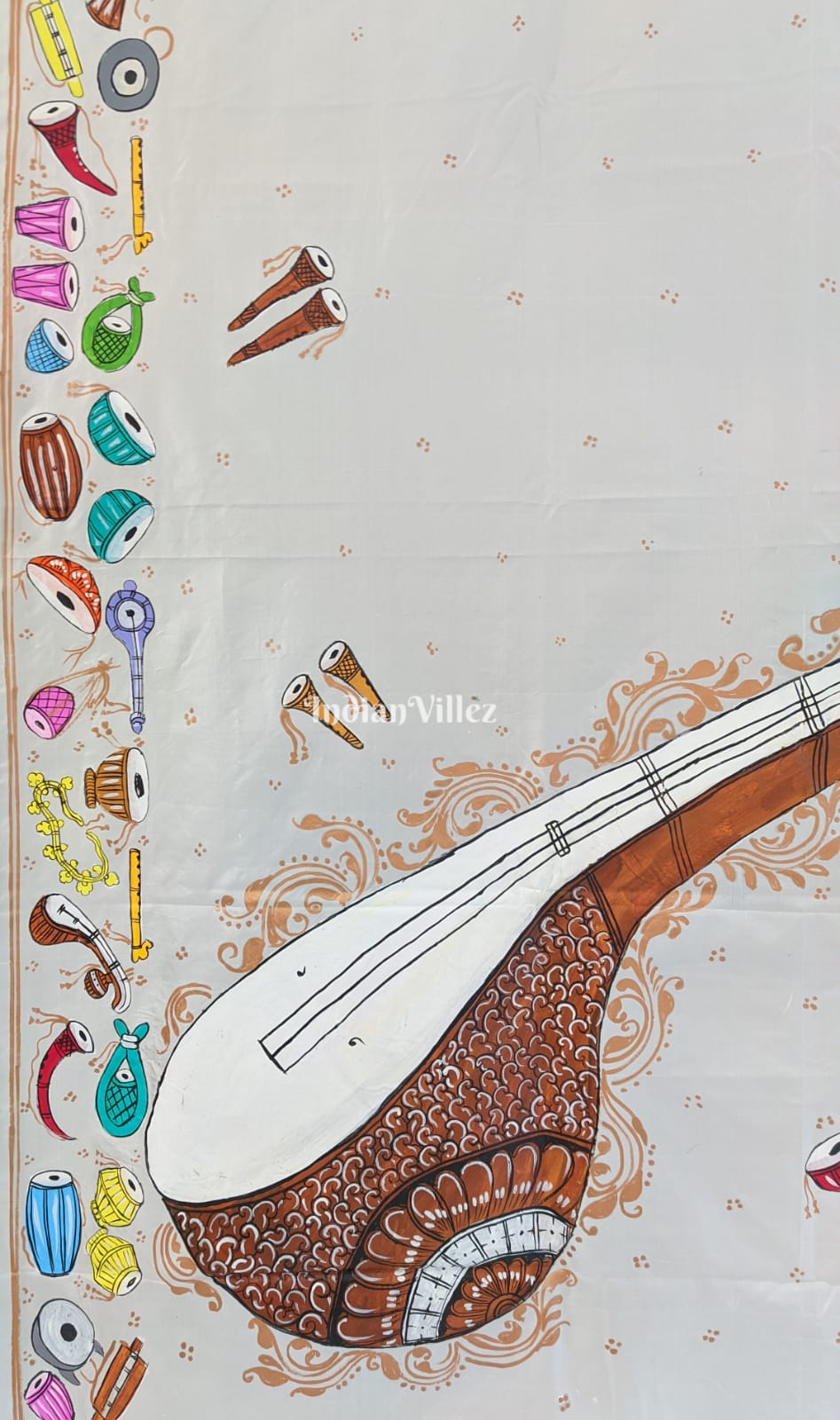 White Sitar Instrument Pattachitra Art Pure Silk Saree – IndianVillèz