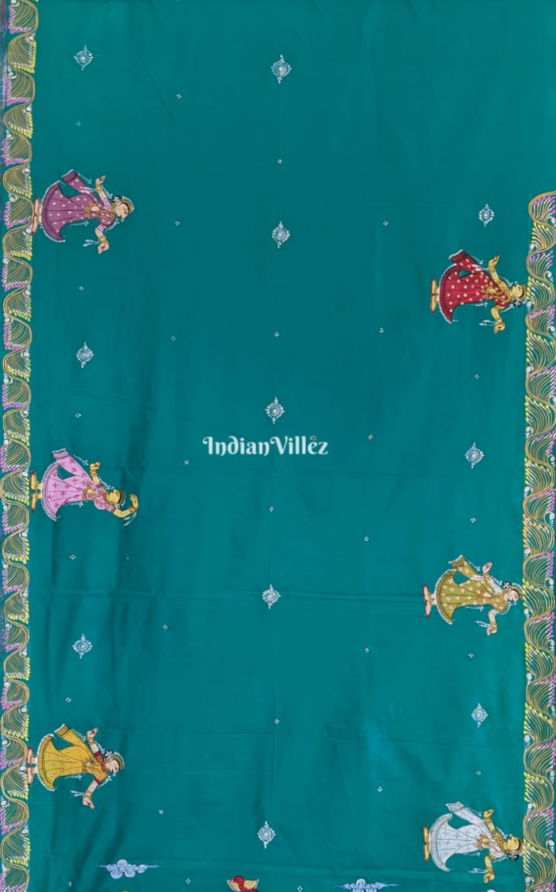 Turquoise Blue Holi Theme Pattachitra Art Silk Saree